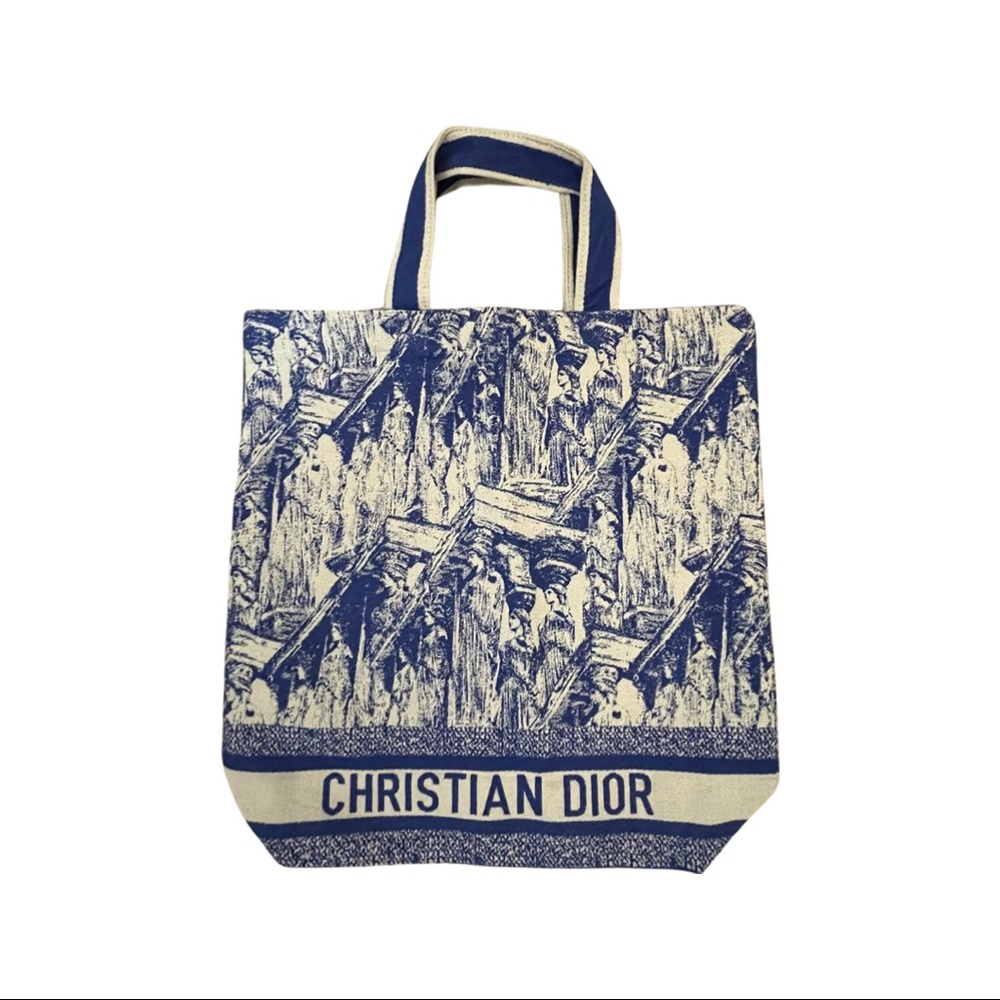 CHRISTIAN DIOR Canvas Print Cruise Tote Ivory Blue